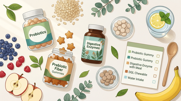 Gut health supplement routine flat lay with probiotic gummies, prebiotic fiber gummies, digestive support products, fruit, oats, and checklist.