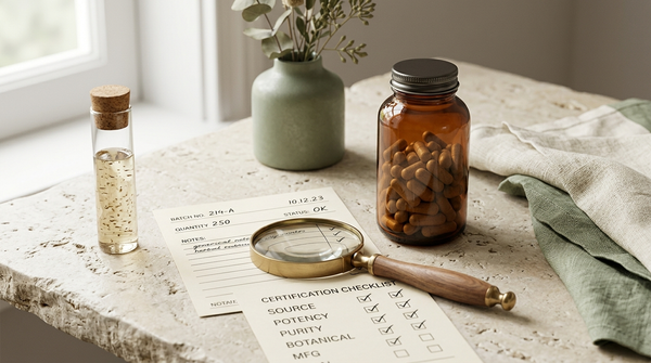 Generic botanical supplement bottle beside a laboratory vial, batch card, magnifying glass, and testing checklist