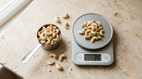 Quarter-cup measure of plain cashews beside a kitchen scale showing a 34-gram portion