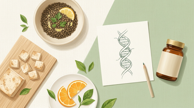 Lysine-rich plant foods, citrus fruit, and a collagen diagram arranged on a bright table