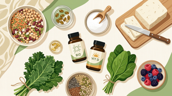 Plant-based supplement categories and whole foods arranged to represent B12, vitamin D, iodine, omega-3, iron, and protein.