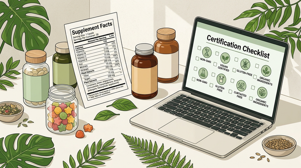 Plant-based supplements beside a quality verification checklist and Supplement Facts label