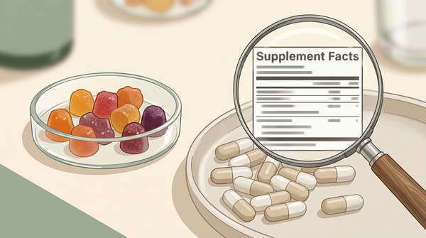 Gummy supplements and capsules compared beside a Supplement Facts label