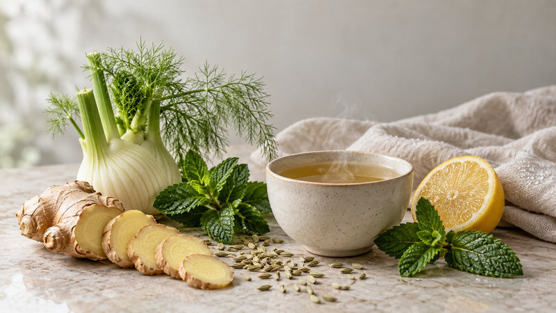 Editorial flat-lay photograph of bloating relief for women, natural light, no text