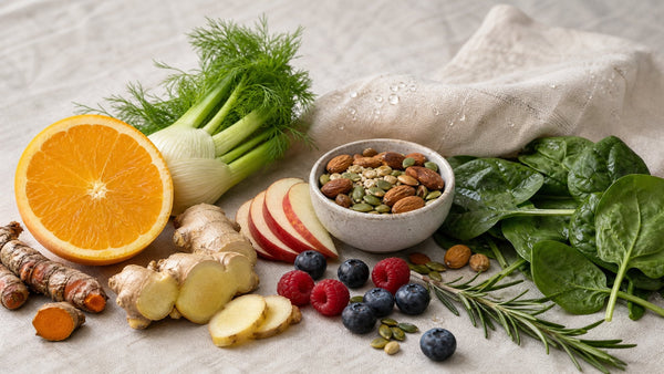 Editorial still life of plant-based wellness ingredients: orange, fennel, ginger, turmeric, berries, nuts, seeds, spinach, rosemary