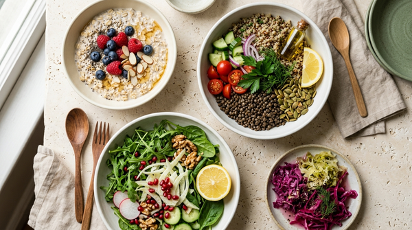 Mediterranean-style gut-health meal plan with whole grains, legumes, vegetables, fruit, nuts, olive oil, and fermented foods
