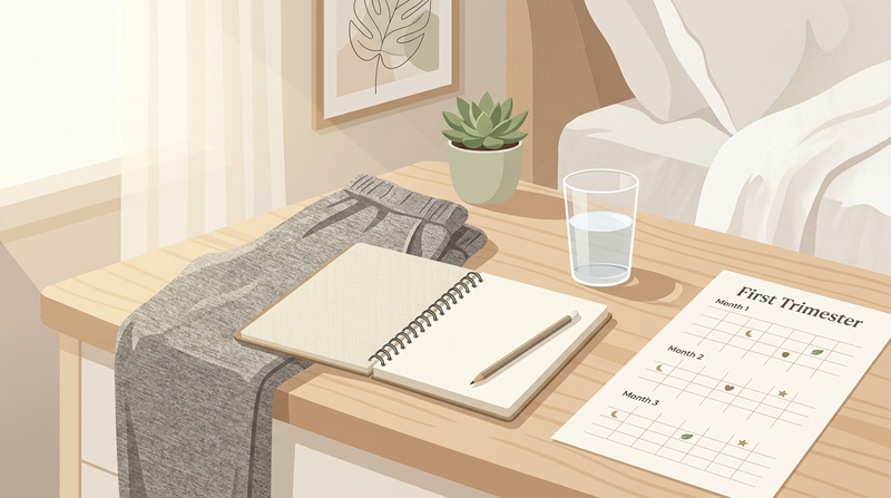 First-trimester wellness setup with notebook, water, comfortable clothing, and calendar for tracking early bloating symptoms.