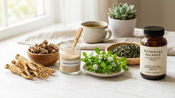 Herbal supplements for energy and focus arranged beside a clean-label comparison checklist