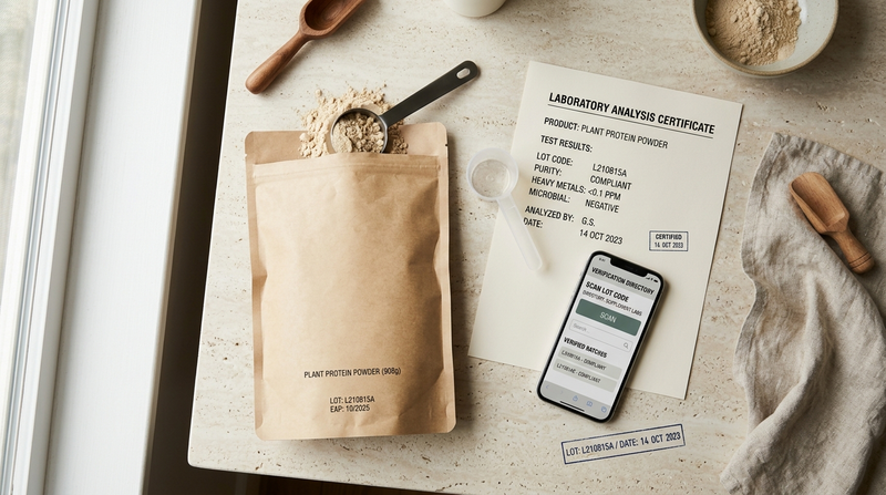 Protein powder package, lot code, laboratory certificate, and online certification lookup used for verification.