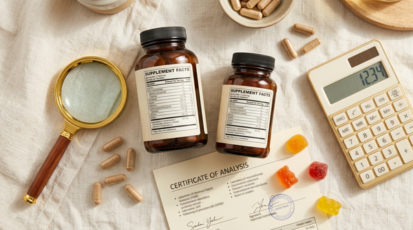 Supplement bottles, magnifying glass, calculator, and laboratory document used to compare purity and potency labels