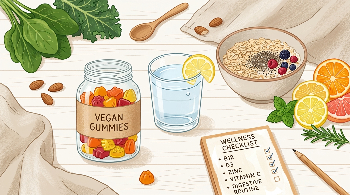 Plant-based supplement routine with gummies, citrus, greens, water, and a checklist for B12, D3, zinc, vitamin C, and digestive support.