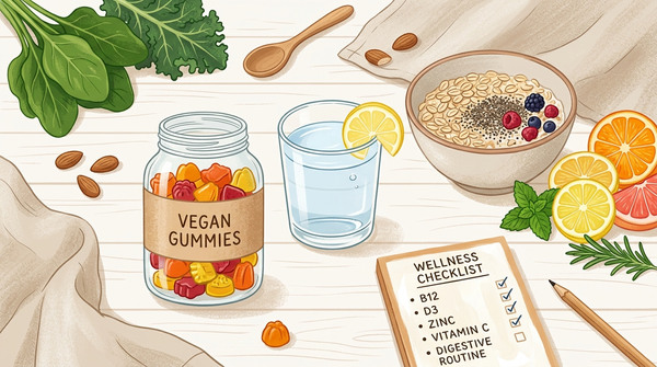 Plant-based supplement routine with gummies, citrus, greens, water, and a checklist for B12, D3, zinc, vitamin C, and digestive support.