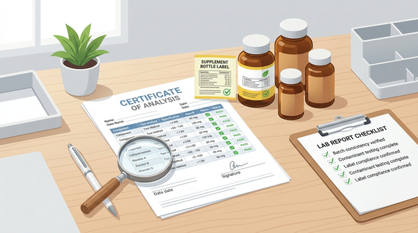 Supplement label, certificate of analysis, magnifying glass, and lab report checklist used to verify third-party testing.