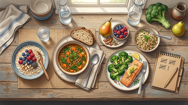 Daily spread of oats, lentils, fruit, vegetables, whole grains, and seeds for fiber