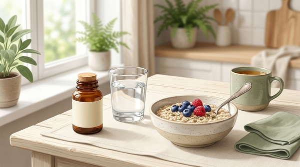 Probiotic bottle beside water and breakfast illustrating with-food and empty-stomach timing