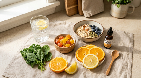 Plant-based supplement routine with gummies, citrus, greens, and water for energy and immune support.