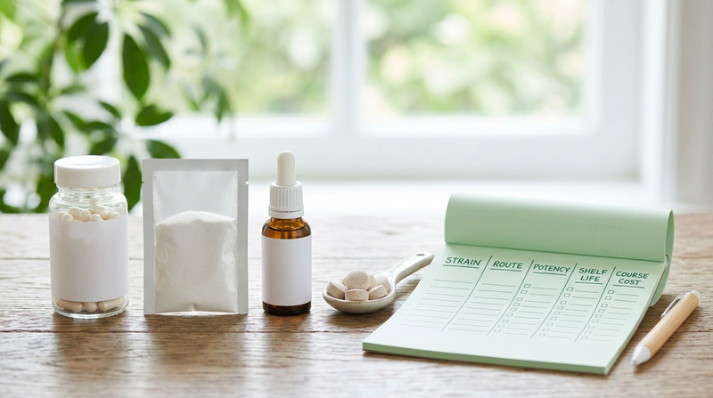 Probiotic formats arranged beside a worksheet comparing strain, route, potency, shelf life, and course cost.