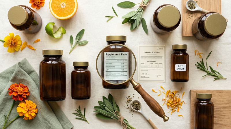 Vitamin bottles, a magnifying glass, and batch documents used to verify clean-label claims