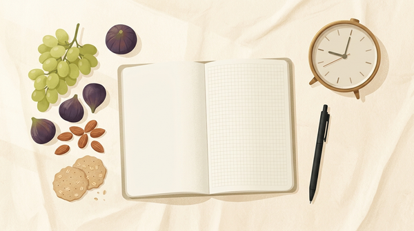 Food and symptom diary beside simple foods and a clock for tracking possible reactions