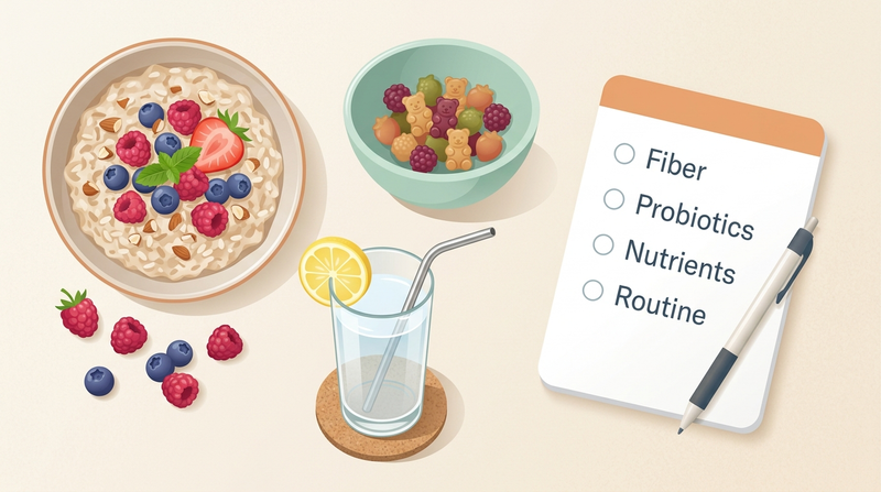 Fiber-rich foods and Yuve-style gummy supplements arranged for a gut barrier support routine.