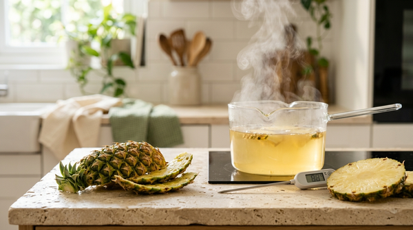 Pineapple peel beside steaming water and a thermometer illustrating bromelain heat exposure