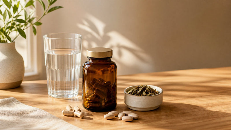 Editorial flat-lay photograph of remember to take supplements, natural light, no text