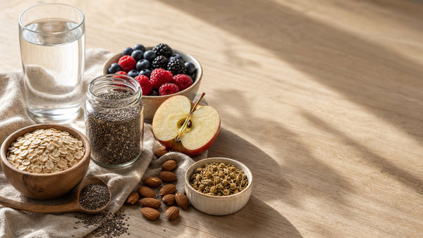 Editorial flat-lay photograph of natural energy without caffeine, natural light, no text
