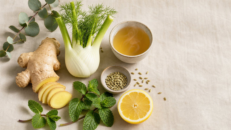 Editorial flat-lay photograph of plant based bloating, natural light, no text