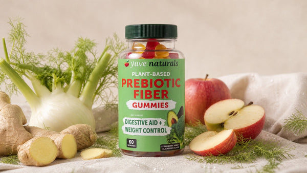 Editorial flat-lay photograph of prebiotic fiber, natural light, no text
