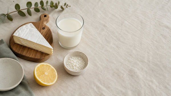 Editorial flat-lay photograph of vegan lactase enzyme, natural light, no text