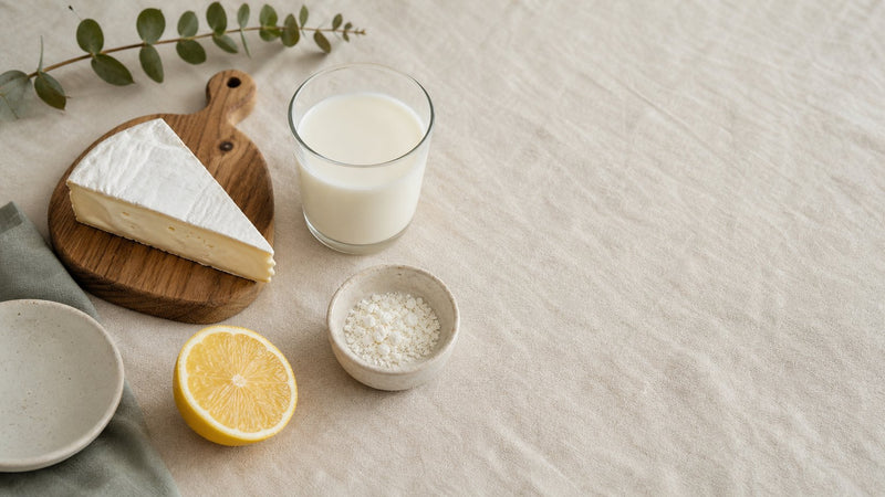 Editorial flat-lay photograph of vegan lactase enzyme, natural light, no text