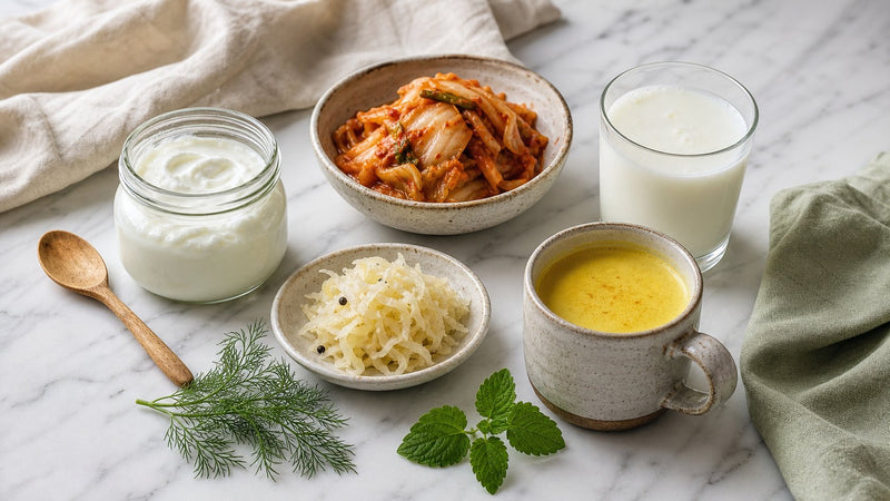 Editorial flat-lay photograph of when to take probiotics, natural light, no text