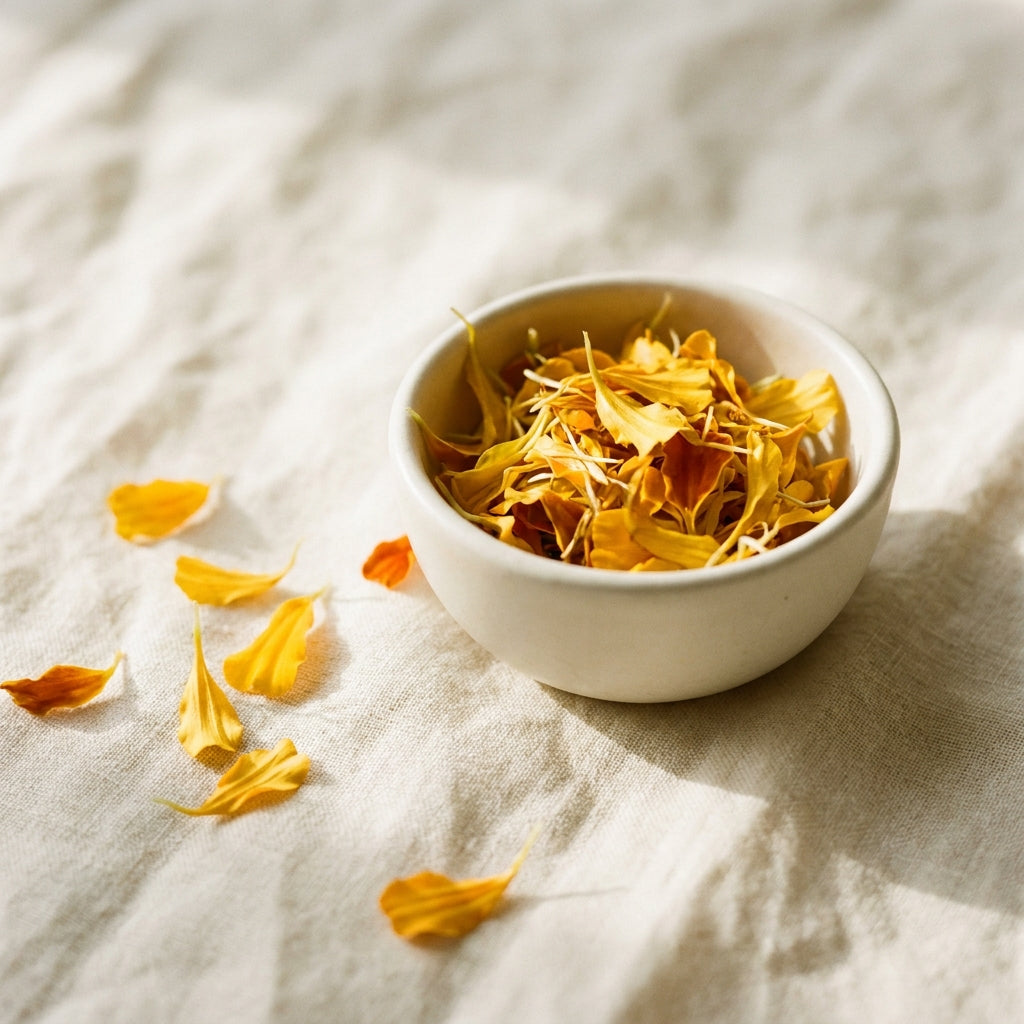 Macro close-up of loose marigold petals - one of the whole-plant ingredients Yuve sources for bioavailability.