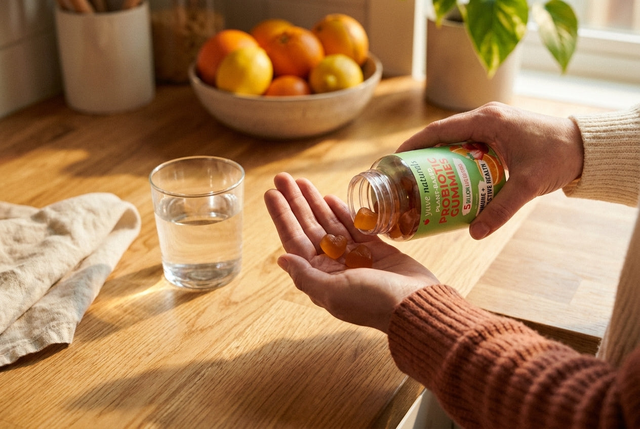 Quiet morning ritual - a Yuve supplement bottle on a wooden surface beside a ceramic mug, bathed in warm natural light.