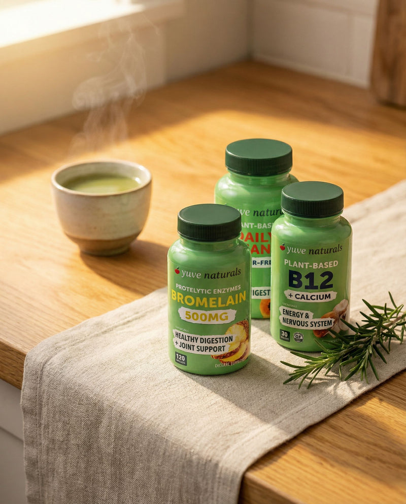 Yuve Active Lifestyle Bundle on a linen kitchen counter with a ceramic cup of matcha