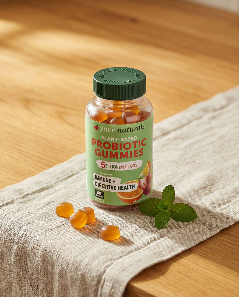 Yuve Vegan Probiotic Gummies on a linen kitchen counter with fresh mint and loose gummies