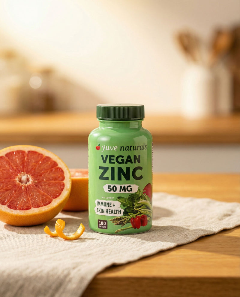 Yuve Vegan Zinc on a linen kitchen counter with halved citrus in warm morning light